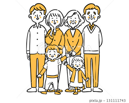 笑顔の三世代家族　全身　ベクター（オレンジ） 131111743