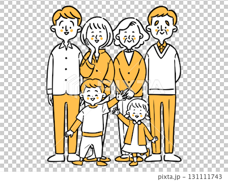 笑顔の三世代家族　全身　ベクター（オレンジ） 131111743