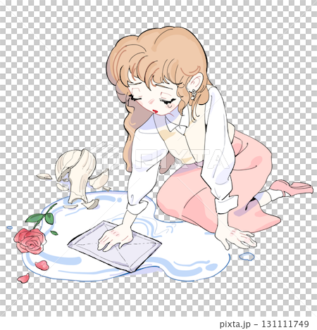 Broken vase and roses Sad woman cleaning up spilled water Broken vase and roses Sad woman cleaning up spilled water 131111749