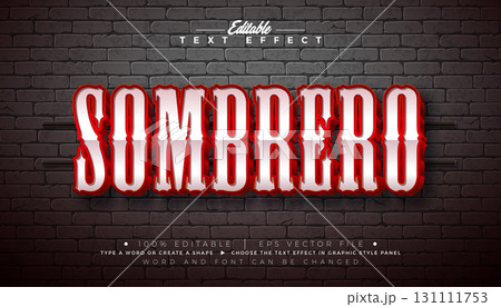 Mexican Sombrero 3D Text Effect Design Editable and Scalable Vector Graphic Style with Framed Billboard and Retro Marquee Signboard Typography Lettering on Vintage Brick Wall Background. Premium 131111753