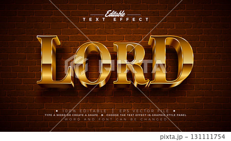 Lord 3D Editable Text Effect Design Vector Graphic Style with Golden Framed Typography Lettering and Shadow on Vintage Brick Wall Background. Premium Scalable Gold Texture Luxury Illustration Template 131111754