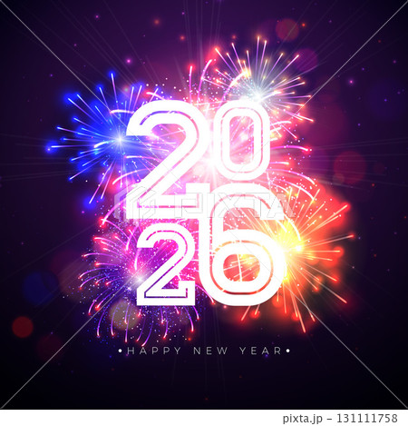 2026 Happy New Year Illustration with White Number and Fireworks on Night Blue Background. Christmas Holiday Design with Typography Lettering for Flyer, Greeting Card, Banner, Celebration Poster 131111758