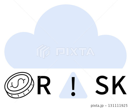 Coin with dollar sign, large cloud, and triangle with exclamation mark between letters R and SK. Ideal for finance, cloud computing, risk management, cybersecurity, technology, data analysis 131111925