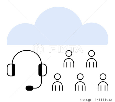 Headset six user icons, blue cloud. Ideal for customer service, telecommunications, team collaboration, cloud computing, online communication, support services, remote work. Line metaphor 131111938