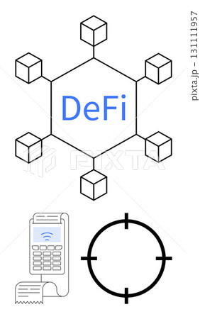 Decentralized Finance network represented with blockchain nodes, payment terminal emitting receipt, and a target focus symbol. Ideal for fintech, blockchain, cryptocurrency, decentralized apps 131111957