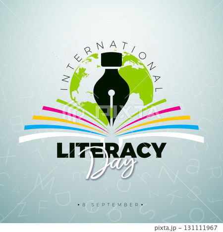International Literacy Day Banner Illustration with Open Book Symbol, Pen and Earth Globe on Light Background. Vector Education, Learning and Knowledge Design with Typography Lettering for Greeting 131111967