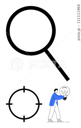 Large magnifying glass, targeting crosshair, and person holding glowing light bulb. Ideal for research, goal setting, innovation, problem-solving, focus precision brainstorming. Line metaphor 131111968