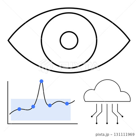 Eye symbol data graph cloud icon with lines. Ideal for technology, analytics, data science, connectivity, vision, network, innovation. Line metaphor 131111969