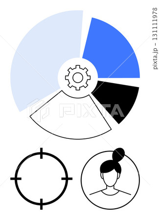 Pie chart with gear icon in center representing data analysis, user profile, and target icon. Ideal for business analytics, marketing segmentation, user targeting, customer analysis, strategic 131111978