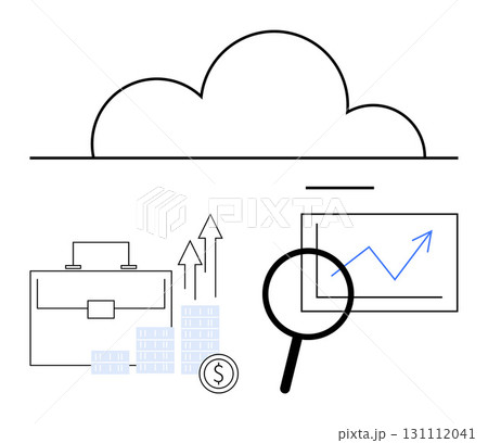 Cloud, briefcase, stack of coins, upward arrows, magnifying glass, screen with growth chart. Ideal for technology, finance, business strategy data analysis investment cloud computing economic 131112041