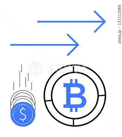 Coin stacks with dollar sign, next to Bitcoin coin and upward arrows symbolizing cryptocurrency exchange. Ideal for finance, investment, blockchain, fintech, digital transactions, online trading 131112068