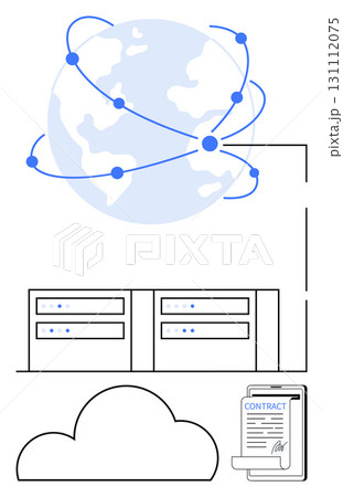 Globe linked with dots, data servers, cloud symbol, mobile device displaying contract. Ideal for technology, global networking, cloud storage, data security, online contracts digital transformation 131112075