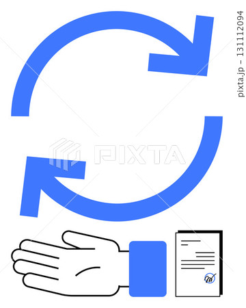 Hand with open palm, document with handshake icon, blue circular arrows indicating continuous cycle. Ideal for concepts of transaction, trade, exchange, renewal, process repetition. Line metaphor 131112094
