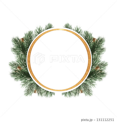 Hand-drawn illustration of a festive round frame with pine branches and pine cones, surrounded by a sparkling golden ring 131112251