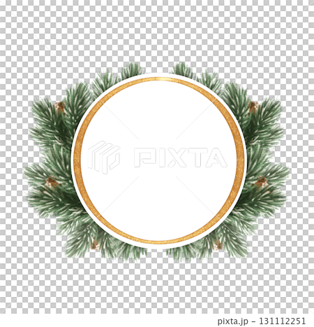 Hand-drawn illustration of a festive round frame with pine branches and pine cones, surrounded by a sparkling golden ring 131112251