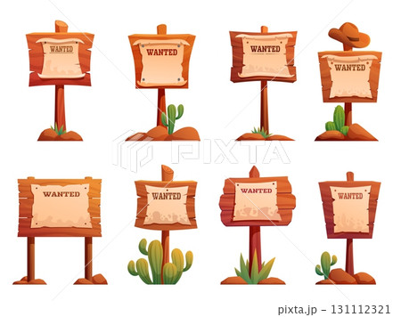 Wooden wanted cartoon billboards. Wild west style sigs for ad, wood banners with empty paper and text wanted, cactus, cowboy hat, sapid vector set 131112321