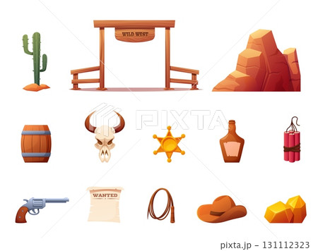 Wild west cartoon clipart. Isolated cowboy tools, desert plant and stones, wooden gates. Sheriff star, dynamit, whiskey bottle, sapid vector elements 131112323