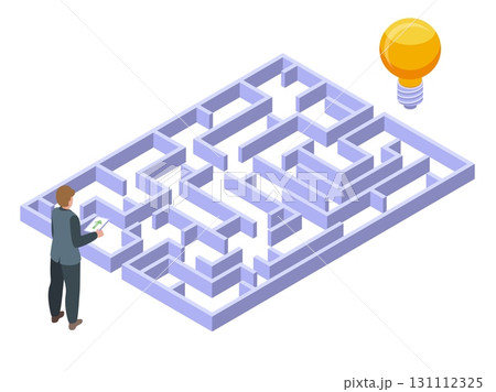 Isometric business maze. Office characters search ideas. 3d labyrinth, giant yellow lamp bulb. Businessman student looking solution, nifty vector concept Isometric business maze. Office characters search ideas. 3d labyrinth, giant yellow lamp bulb. Businessman student looking solution, nifty vector concept 131112325