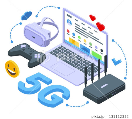 5g internet technology. Global network, one user account for gaming on laptop and game console or ai helmet. Broadband hotspots wifi nifty vector scene 131112332