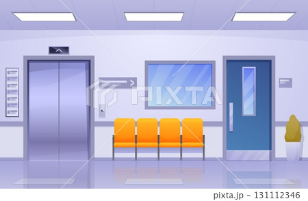 Cartoon hospital empty corridor. Clinic interior inside with bench, elevator and ward doors. Emergency, medical building waiting zone, sapid vector scene Cartoon hospital empty corridor. Clinic interior inside with bench, elevator and ward doors. Emergency, medical building waiting zone, sapid vector scene 131112346