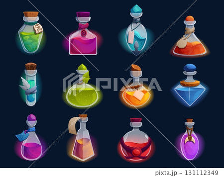 Cartoon game poison bottles. Various glass vials with witch decor and poisonous liquids. Magic potions, old style perfumes design, sapid vector clipart 131112349