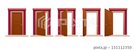 Wooden doors open or close scene. Exit entrance in house or apartment, animation steps. Building facade outdoor elements, sapid vector set Wooden doors open or close scene. Exit entrance in house or apartment, animation steps. Building facade outdoor elements, sapid vector set 131112350