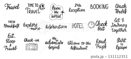 Travel lettering phrases. Hotel booking and reservation, check in up, positive motivation text for stickers, cards. Hand drawn neoteric vector clipart Travel lettering phrases. Hotel booking and reservation, check in up, positive motivation text for stickers, cards. Hand drawn neoteric vector clipart 131112351