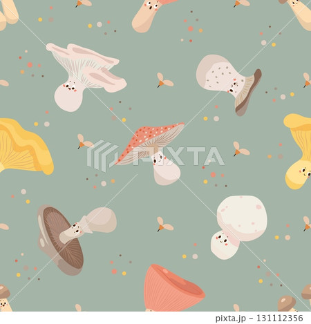 Mushroom characters seamless pattern. Decorative mushrooms funny print for fabric or wallpaper. Forest wild plants, template design nowaday vector background Mushroom characters seamless pattern. Decorative mushrooms funny print for fabric or wallpaper. Forest wild plants, template design nowaday vector background 131112356