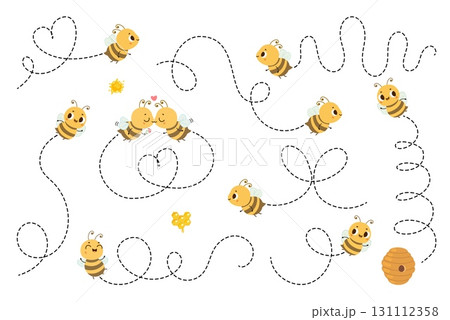 Flying bee with path. Dotted routes various shapes with cute cartoon bees. Fly route or way to beehive. Different flight paths, nowaday vector set 131112358