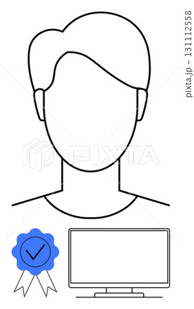 Persons profile silhouette above a blue achievement ribbon with checkmark and a computer monitor. Ideal for certification, recognition, achievement, education, qualifications, professional 131112558