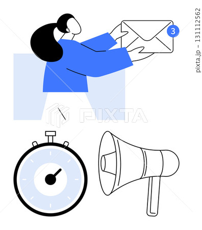 Woman holding envelope with notification alert stopwatch, and megaphone. Ideal for themes communication, email management, time management, business workflow, notifications, urgency, announcements Woman holding envelope with notification alert stopwatch, and megaphone. Ideal for themes communication, email management, time management, business workflow, notifications, urgency, announcements 131112562