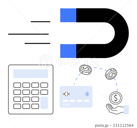 Magnet attracting objects, calculator next to credit card with signal waves, hand receiving coins. Ideal for finance, banking, budgeting, investments, savings digital transactions. Line metaphor Magnet attracting objects, calculator next to credit card with signal waves, hand receiving coins. Ideal for finance, banking, budgeting, investments, savings digital transactions. Line metaphor 131112564