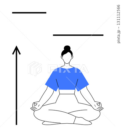 Woman meditating in a blue top with upward arrow and lines. Ideal for wellness, relaxation, balance, focus, calmness, mindfulness, growth themes. Line metaphor 131112566