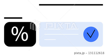 Percentage symbol inside black rounded square and blue checkmark on light blue box with horizontal black lines. Ideal for finance, approval, discounts, decisions, tracking, validation 131112618