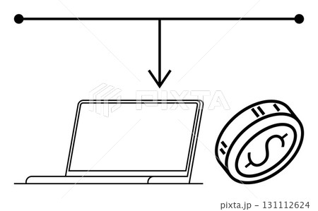 Laptop and currency coin connected by an arrow from a network node. Ideal for online banking, digital transactions, financial technology, e-commerce, blockchain, business, networking. Line metaphor Laptop and currency coin connected by an arrow from a network node. Ideal for online banking, digital transactions, financial technology, e-commerce, blockchain, business, networking. Line metaphor 131112624