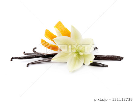 Vanilla stick with oranges zent on white backgrounds Vanilla stick with oranges zent on white backgrounds 131112739