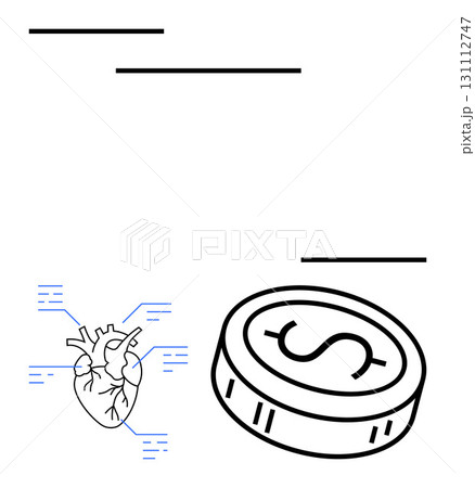 Heart diagram featuring anatomical details, paired with a large coin marked with a dollar sign. Ideal for healthcare, finance, medical costs, health insurance, cardiology expenses, economic impacts Heart diagram featuring anatomical details, paired with a large coin marked with a dollar sign. Ideal for healthcare, finance, medical costs, health insurance, cardiology expenses, economic impacts 131112747