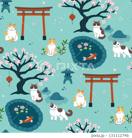 Seamless pattern with cats in a Japanese garden. Vector graphics. Seamless pattern with cats in a Japanese garden. Vector graphics. 131112748