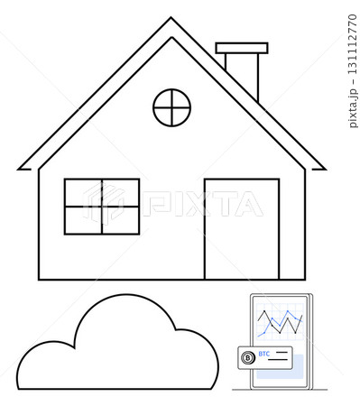 House with chimney, window, and door next to a cloud and smartphone displaying Bitcoin graph. Ideal for technology, finance, home automation, cloud computing, real estate, cryptocurrency 131112770