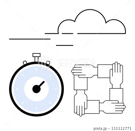 Stopwatch interconnected hands and cloud symbolize efficiency, teamwork, and progress. Ideal for themes of collaboration, time management, productivity, cooperation, connectivity, and cloud 131112771