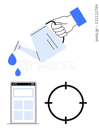 Hand watering with a can, mobile phone screen interface, and target scope. Ideal for business growth, technology, mobile apps, goal setting, marketing strategies precision and planning. Line 131112784