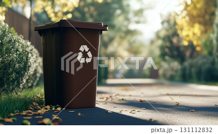 Waste garbage brown container in front of house yard 131112832