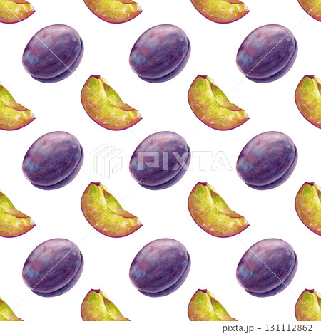 Watercolor seamless pattern with ripe plums on a white background. Botanical illustration of whole and pieces of seasonal fruits for use in cooking or gardening. For textiles, tableware or wrapping 131112862