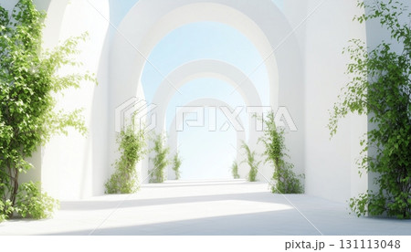 White archway gate and green leaves plant decoration on side with sky view 131113048