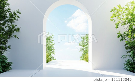 White archway gate and green leaves plant decoration on side with sky view White archway gate and green leaves plant decoration on side with sky view 131113049