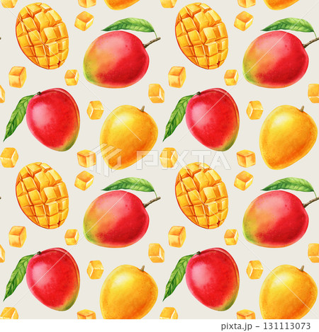 Ripe mango fruits with sliced cubes tropical watercolor seamless pattern fresh exotic summer fruit design 131113073