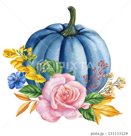 Blue pumpkin with pink rose yellow freesia and autumn foliage watercolor fall harvest floral botanical illustration 131113129