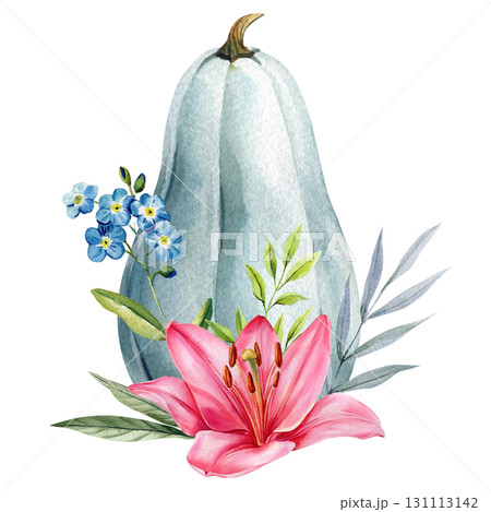 Blue butternut pumpkin with pink lily blue forget me not flowers and autumn foliage watercolor fall harvest illustration Blue butternut pumpkin with pink lily blue forget me not flowers and autumn foliage watercolor fall harvest illustration 131113142