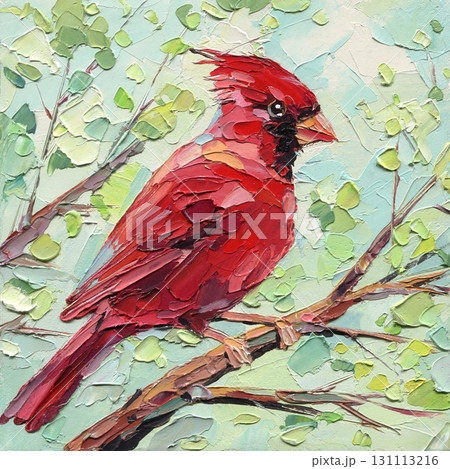 Red cardinal bird sitting on tree branch impasto acrylic painting with green leaves textured wildlife artwork Red cardinal bird sitting on tree branch impasto acrylic painting with green leaves textured wildlife artwork 131113216