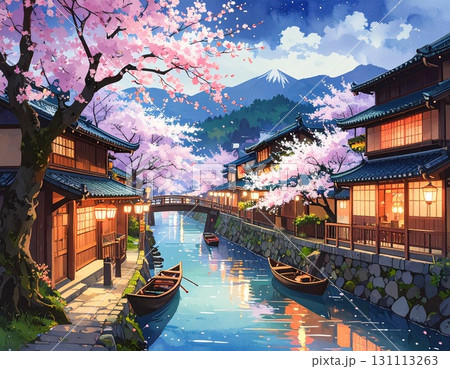 【AI生成画像】イラスト風　春爛漫の艶やかな夜桜 131113263